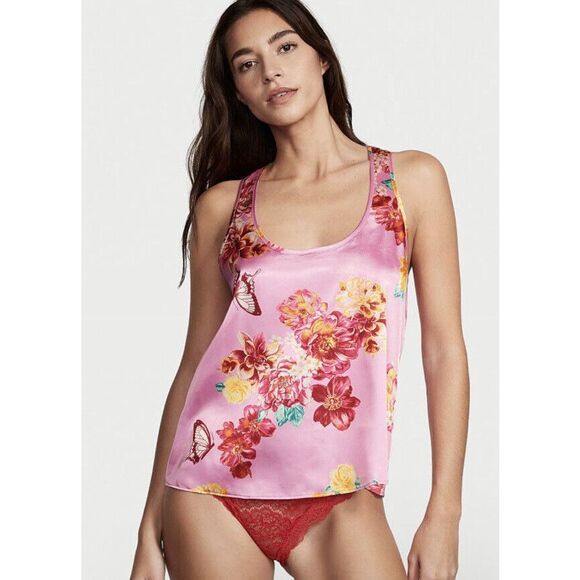 VICTORIA’S SECRET Women’s Pink Floral Butterfly Racerback Satin Tank Top Size La - Picture 1 of 6